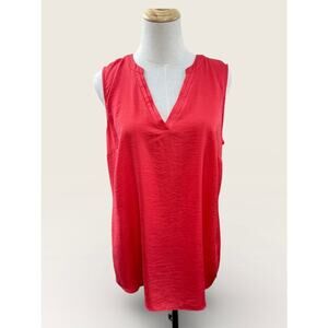 CAbi Rose Sleeveless V Neck Top w/Pleated Neck Detail in Hibiscus Red, Size M